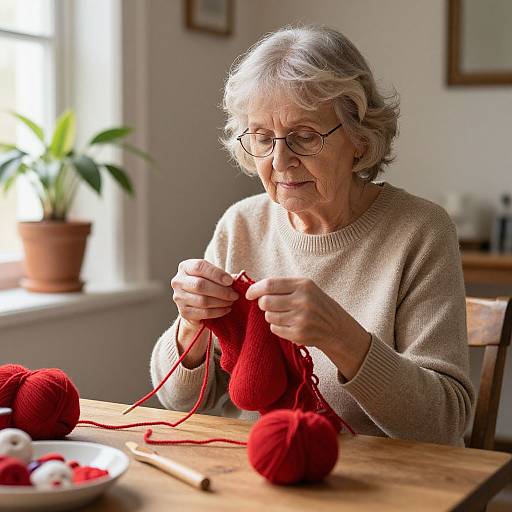 Photograph of an elderly white woman with short gray hair, glasses, and beige sweater, knitting red yarn at a wooden table.