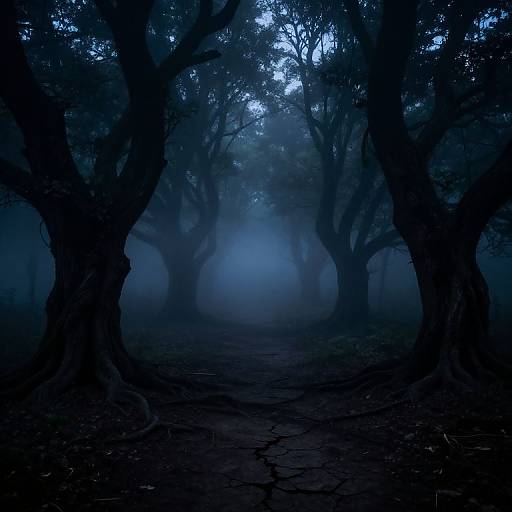 Mysterious, misty forest photograph with dark, silhouetted trees framing a dimly lit, blue-hued path that vanishes into fog