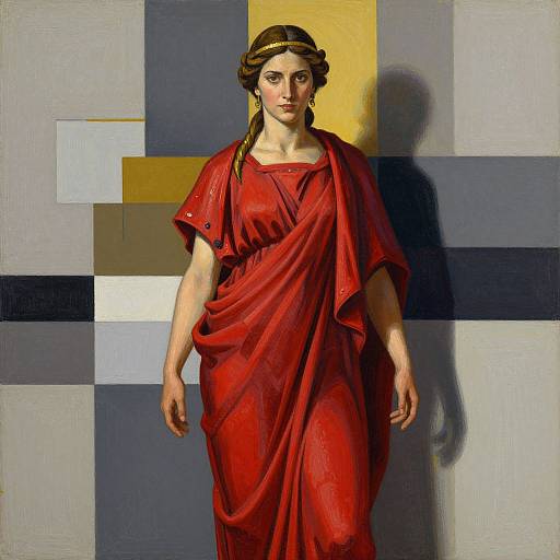 Digital painting of a stern-faced woman in a red Classical-style gown, standing against a geometric, multicolored background.