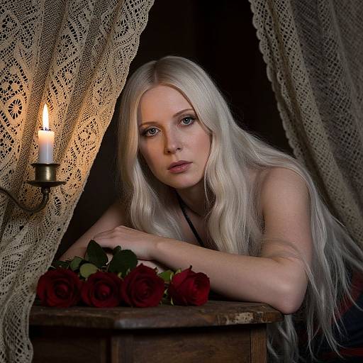 Photograph of a pale-skinned, long platinum blonde woman with blue eyes, leaning on a wooden table, surrounded by lace curtains, red roses,
