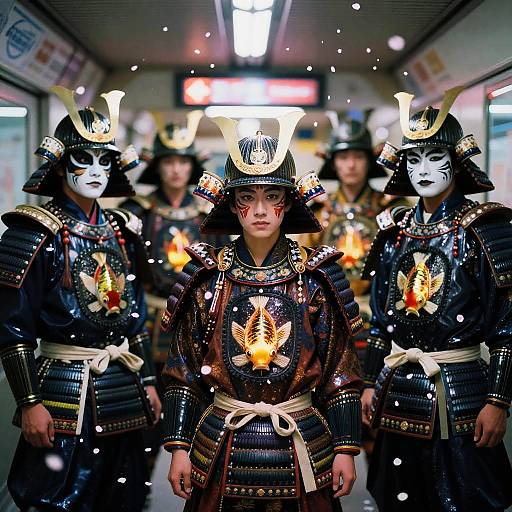 Lacquered Samurai Cosplayers with Koi Crests in Subway