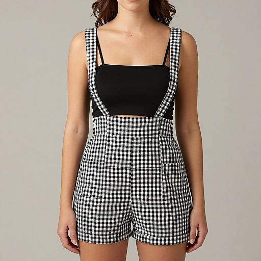 Photograph of a woman wearing black and white checkered overalls with a black tank top, standing against a plain gray background.