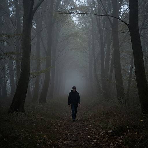 Photograph of a solitary figure in dark clothes walking down a foggy, tree-lined forest path, surrounded by tall, shadowy trees.