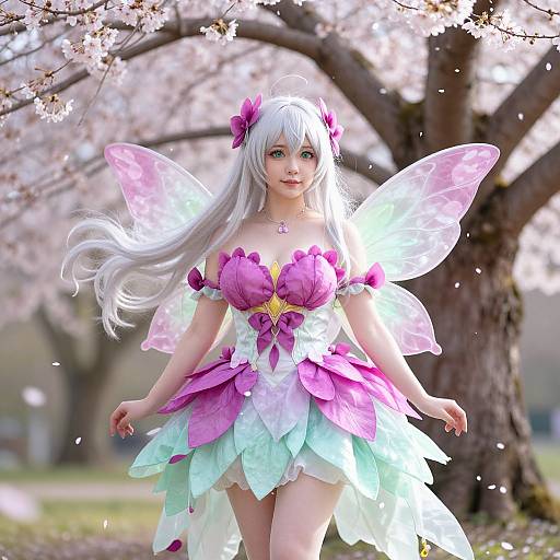 Digital art of a fairytale fairy with white hair, pink and purple flower dress, translucent wings, and cherry blossom background.