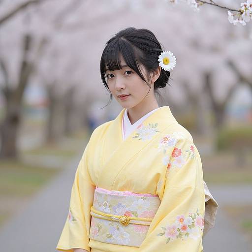 Photograph of a young Japanese woman with black hair in a bun, wearing a yellow floral kimono, and a white daisy hairpin, standing