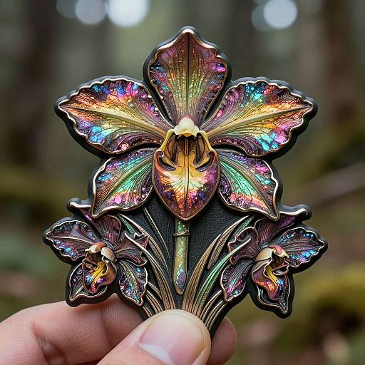 Photograph of a hand holding a detailed, metallic, iridescent butterfly-shaped pin with vibrant rainbow-colored petals against a blurred forest background.