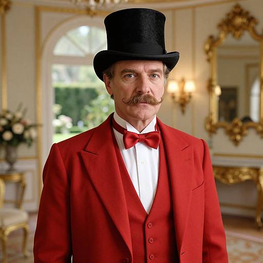 Photograph of a middle-aged man with a mustache, wearing a black top hat, red three-piece suit, white shirt, and red bow tie