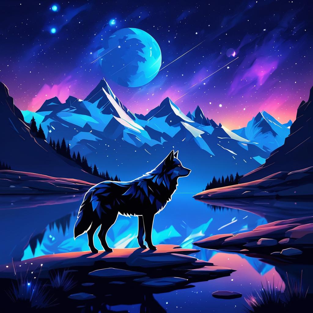 Celestial Wolf Amidst Mountain Night