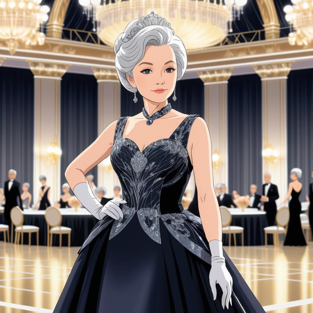 Elegant Anime Woman in Luxurious Ballroom