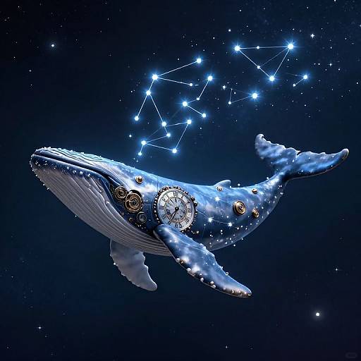 Digital artwork of a blue whale adorned with gears and constellations, floating in a starry, dark blue ocean night sky.