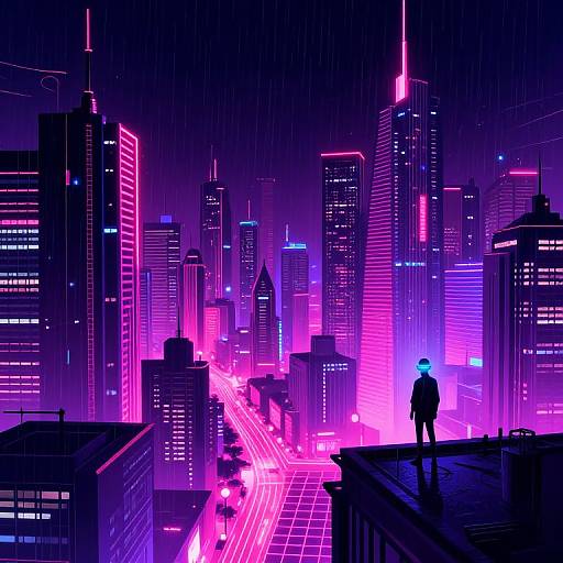 Neon-lit, cyberpunk cityscape at night; silhouetted figure on rooftop watches vibrant pink and purple skyscrapers, glowing streets