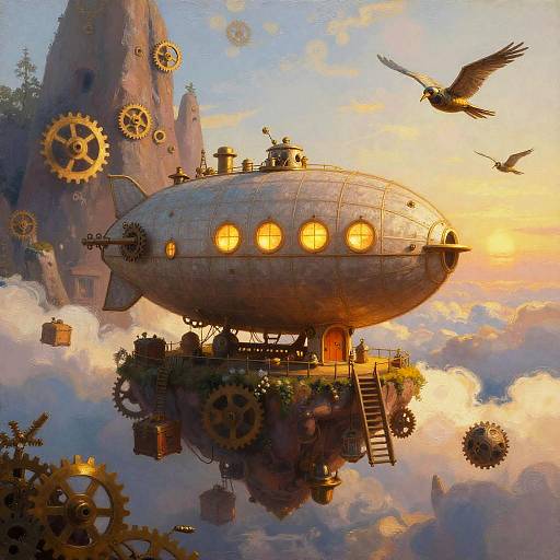 Steampunk airship with glowing windows, floating above clouds, surrounded by gears, birds, and rocky mountains, at sunset. Whimsical,