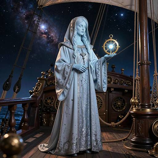 Photograph of a blue-lit, detailed medieval nun statue holding a glowing orb, standing on a wooden ship deck at night.