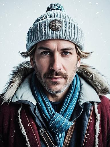 Photograph of a bearded man with light brown hair, wearing a white knit hat, fur-trimmed coat, blue scarf, and brown leather