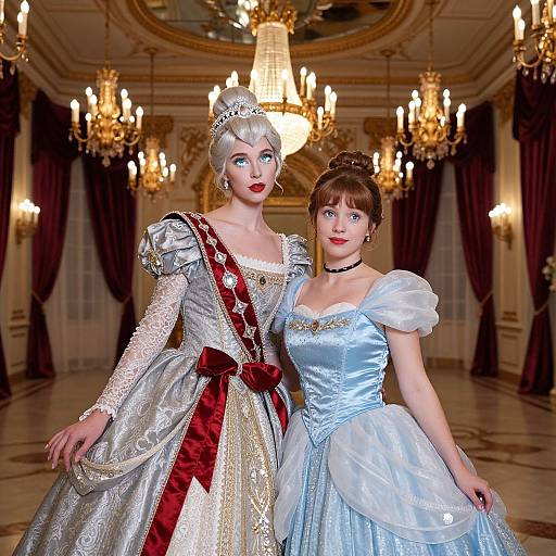 Photorealistic CGI of two women in elaborate ball gowns; one in silver with red sash, the other in blue, standing in a grand
