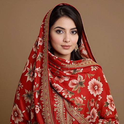 Elegant Woman in Red Floral Silk Scarf