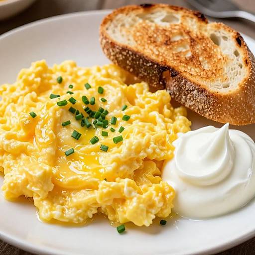 Photograph of fluffy scrambled eggs with chopped green onions, a dollop of white butter, and toasted brown bread on a white plate.