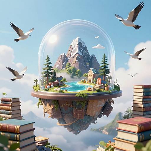Digital illustration of a floating island with a mountain, house, pond, trees, and birds inside a clear dome. Surrounding books and birds in a