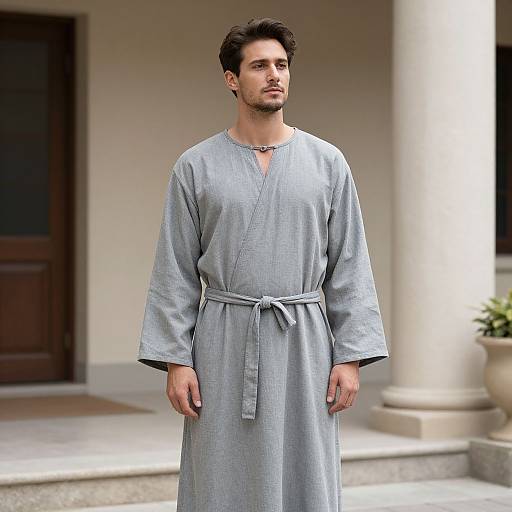 Photograph of a handsome man with dark hair, wearing a light gray, long-sleeved robe, standing in front of a building entrance.