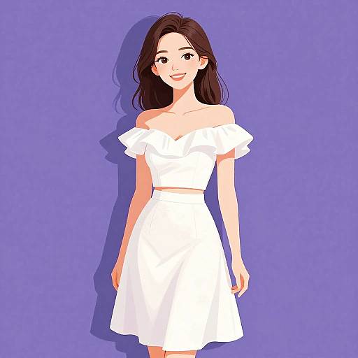 Digital anime-style drawing of a smiling young woman with long brown hair, wearing an off-shoulder white dress, against a solid purple background.