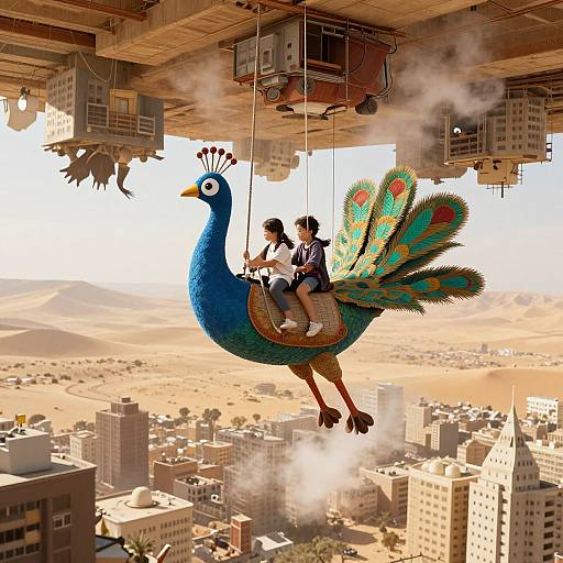 Digital illustration of a boy sitting on a giant, colorful peacock with blue feathers and peacock eyes, flying above a cityscape. Smoke and buildings