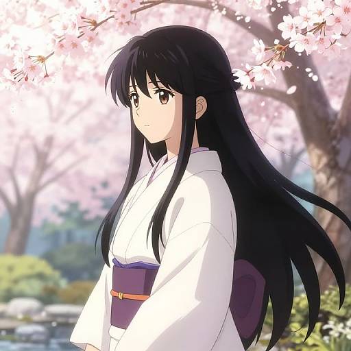 Anime-style drawing of a young woman with long black hair, wearing a white kimono with a purple obi, standing under cherry blossoms in a