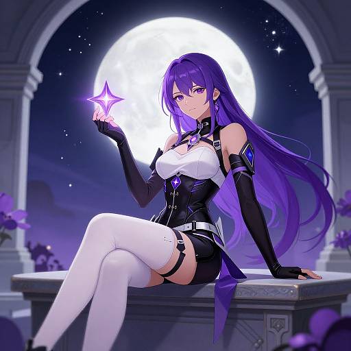 Anime-style digital illustration of a purple-haired girl with long hair, white thigh-highs, black leather outfit, holding a glowing star, against a full