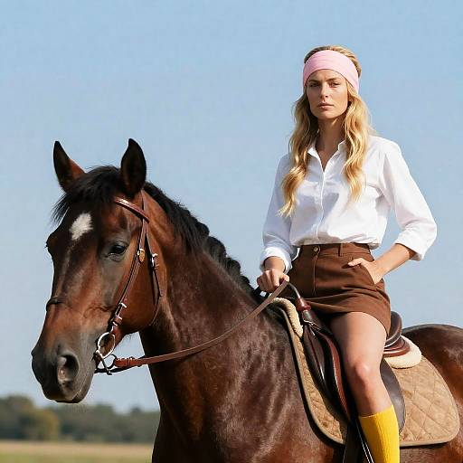 Serious Woman on a Brown Horse