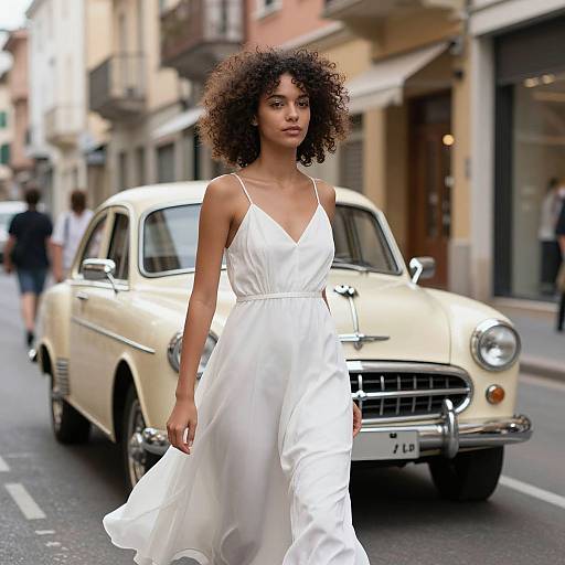 Photograph of a young Black woman with curly hair in a white, flowy dress walking on a city street, past a vintage cream-colored car.