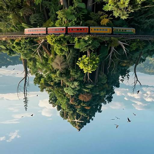 Photograph of a red and yellow train traveling through a dense, green forest reflected in a calm, blue lake with scattered clouds and flying birds.