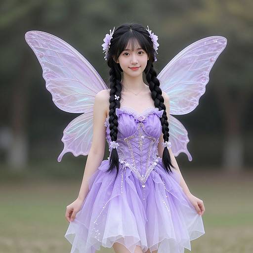 Photograph of an Asian woman with long black braids, wearing a lavender fairy dress and translucent wings, standing in a blurred forest background.