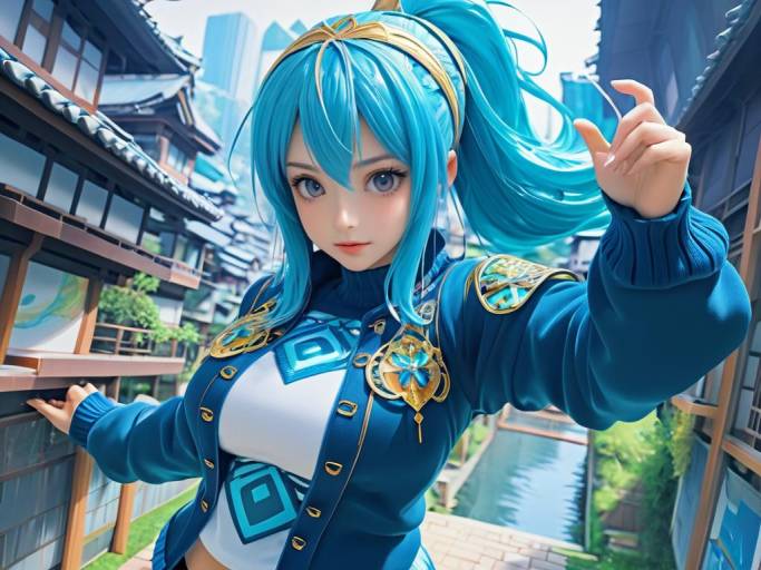 Anime Girl with Blue Hair in Urban Alley