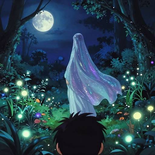 Digital artwork of a glowing, ethereal ghost in a flowing white veil standing in a moonlit forest, surrounded by glowing fireflies and vibrant plants,