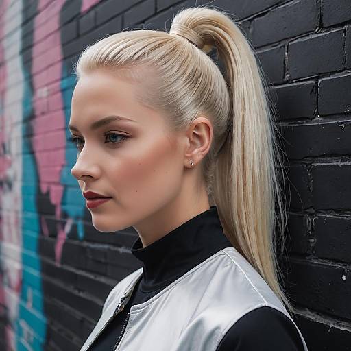 Icy Blonde Elegance Against Vibrant Mural