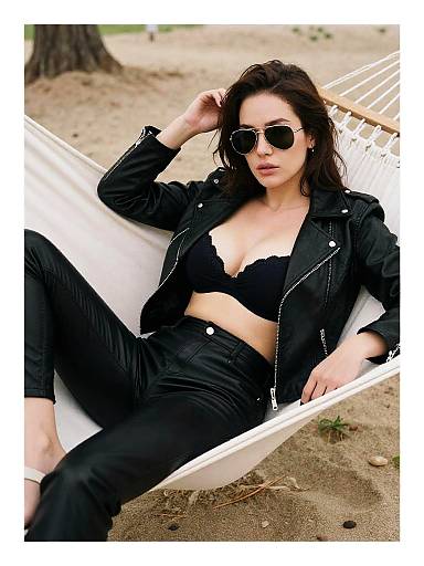 Photograph of a confident woman with dark hair, sunglasses, black bra, jacket, and pants, lounging in a white beach hammock on sandy