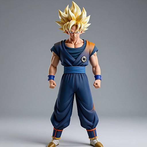 CGI image of Super Saiyan Son Goku from Dragon Ball, with spiky blonde hair, muscular build, blue martial arts outfit, and determined expression