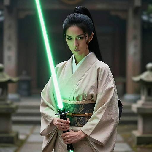 Digital artwork of an Asian woman in a traditional white kimono, holding a glowing green lightsaber, standing in a dimly lit temple.