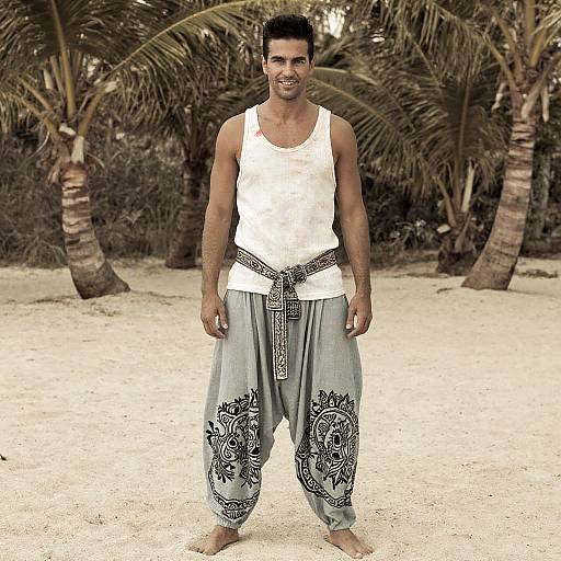 Photograph of a smiling, muscular man with short black hair, wearing a white tank top, gray pants with black floral patterns, and a patterned
