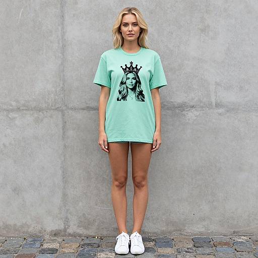 Blonde Woman Wearing Mint Green Crown Graphic T-Shirt