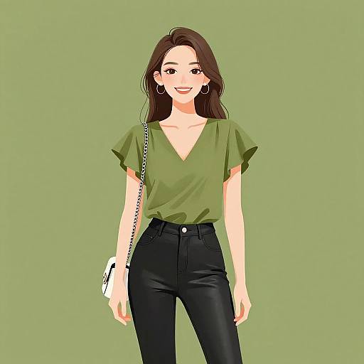 Chic Woman in Olive Blouse and Leather Leggings