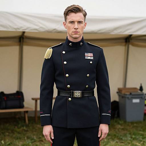 Photograph of a young, white male soldier with short brown hair, wearing a black military uniform with gold epaulets and American flag patch,
