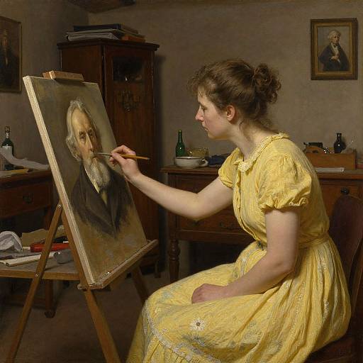 Photograph-style painting of a young woman in a yellow dress painting a portrait of an elderly man on an easel in a dimly lit, clutter