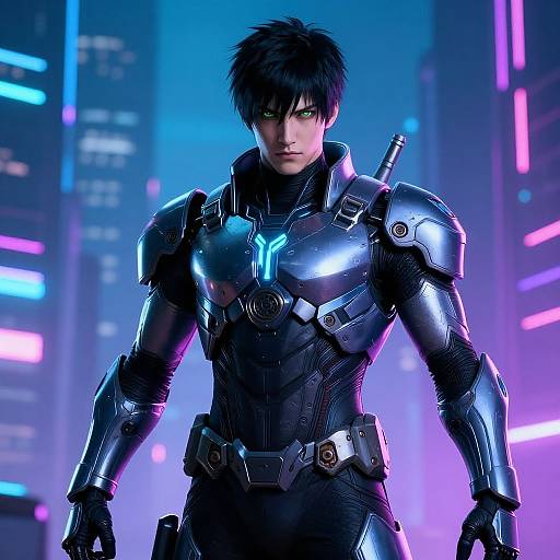 CGI image of a muscular, black-haired man in futuristic, metallic black armor with blue neon accents, standing in a neon-lit cityscape at