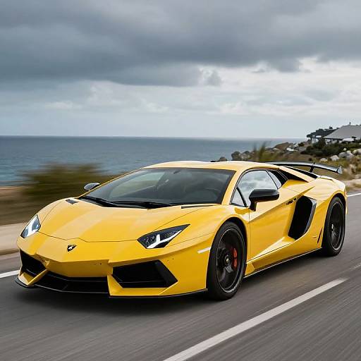 Photograph of a bright yellow Lamborghini Gallardo with black accents speeding on a coastal road under a cloudy sky. Ocean and greenery in the background