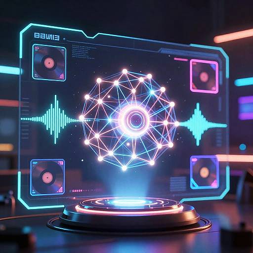 Neon-lit digital display showing a glowing, star-like geometric sphere on a circular base, surrounded by holographic screens and biofeedback graphs. Cyber