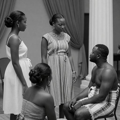 Indoor Black-and-White Portrait of Four People in Traditional and Modern Attire