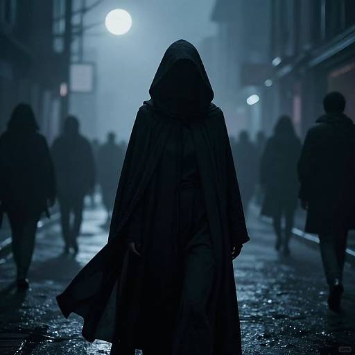 Mysterious figure in hooded cloak walks down a foggy, blue-lit, wet street at night, surrounded by shadowy, distant pedestrians.