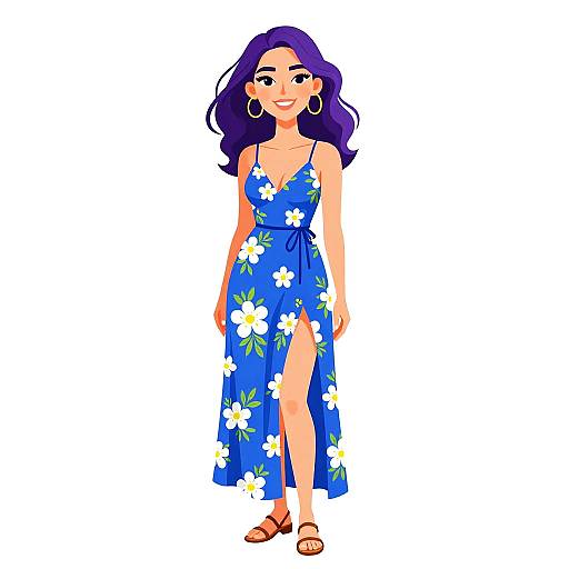 Digital illustration of a smiling woman with purple hair, wearing a blue floral dress with a thigh-high slit, large hoop earrings, and brown sandals, standing