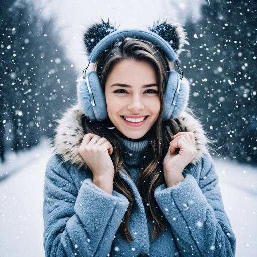 Smiling Woman in Winter Coat and Earmuffs in Snow