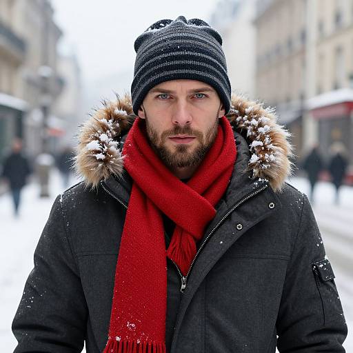 Photograph of a bearded man with blue eyes, wearing a black winter coat with fur hood, striped beanie, and red scarf, standing in